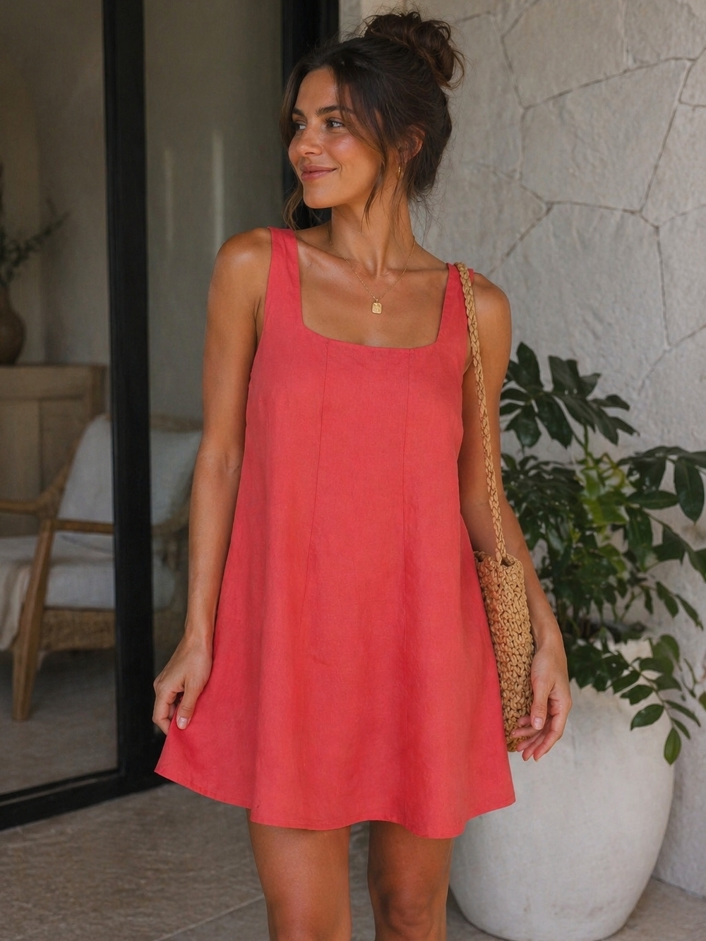 Petal & Pup Coral Pink Square-Neck Mini Dress